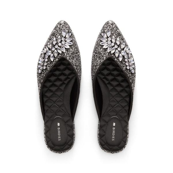 Birdies | The Swan-Jeweled Black Sparkle Women Slide-Jeweled Gunmetal Sparkle