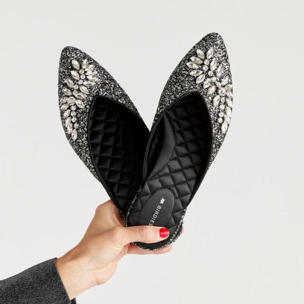 Birdies | The Swan-Jeweled Black Sparkle Women Slide-Jeweled Gunmetal Sparkle