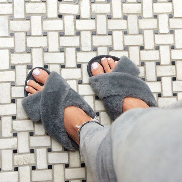 Birdies | The Robin-Gray Faux Fur Women Slide-Pewter Faux Fur