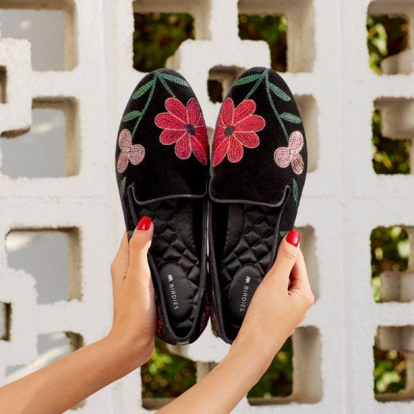 Birdies | The Starling-Black Floral Velvet Women Flat-Black Floral
