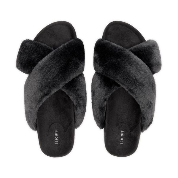 Birdies | The Robin-Black Faux Fur Women Slide-Black Faux Fur