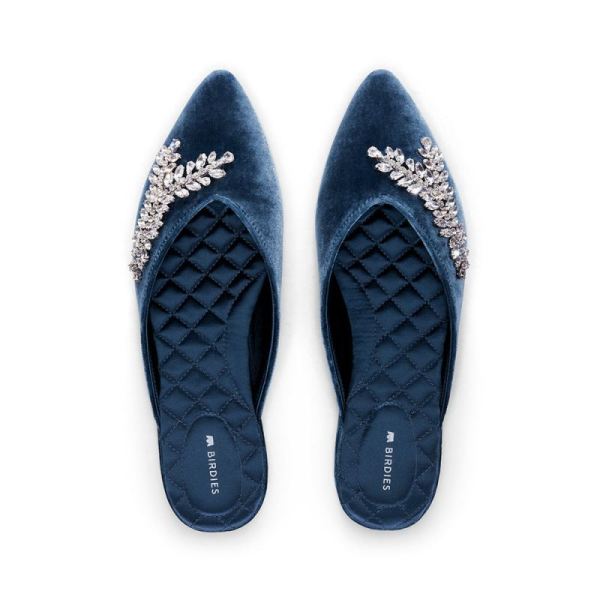 Birdies | The Swan-Jeweled Blue Velvet Women Slide-Jeweled Ocean