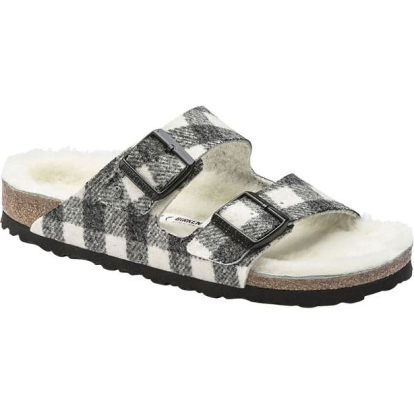 Birkenstock-Women's Arizona Shearling Two Strap Slide Plaid White/Natural Wool