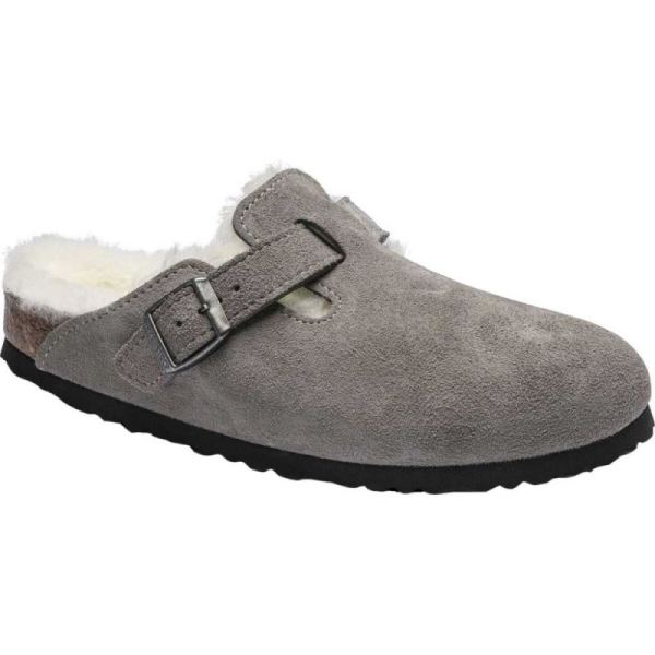 Birkenstock-Women's Boston Suede Shearling Clog Stone Coin/Natural Suede/Shearling
