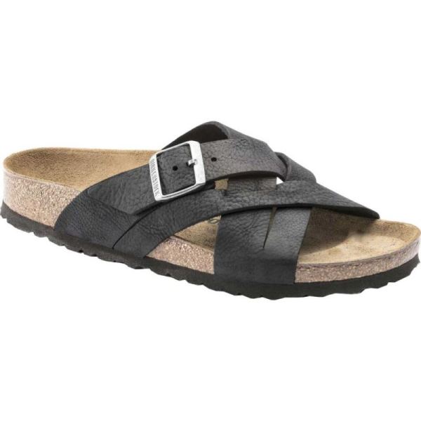 Birkenstock-Men's Lugano Oiled Leather Slide Camberra Black Oiled Nubuck Leather