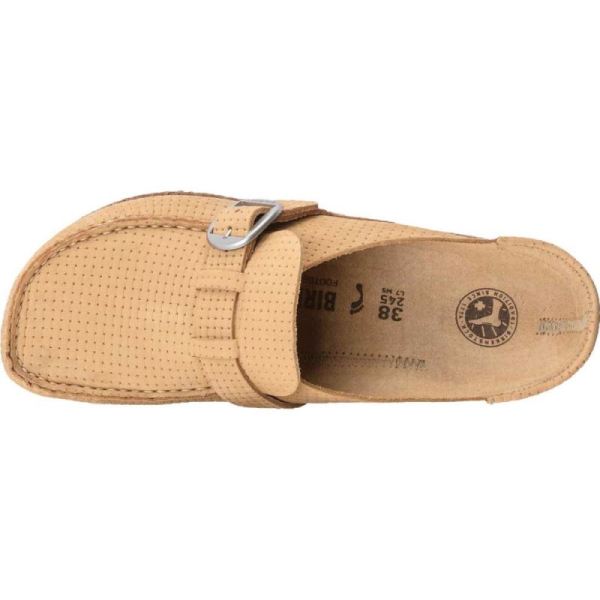 Birkenstock-Women's Buckley Moc Toe Nubuck Clog Embossed Latte Cream Nubuck