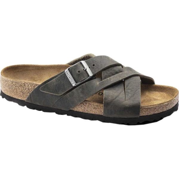 Birkenstock-Men's Lugano Oiled Leather Slide Khaki Oiled Nubuck Leather