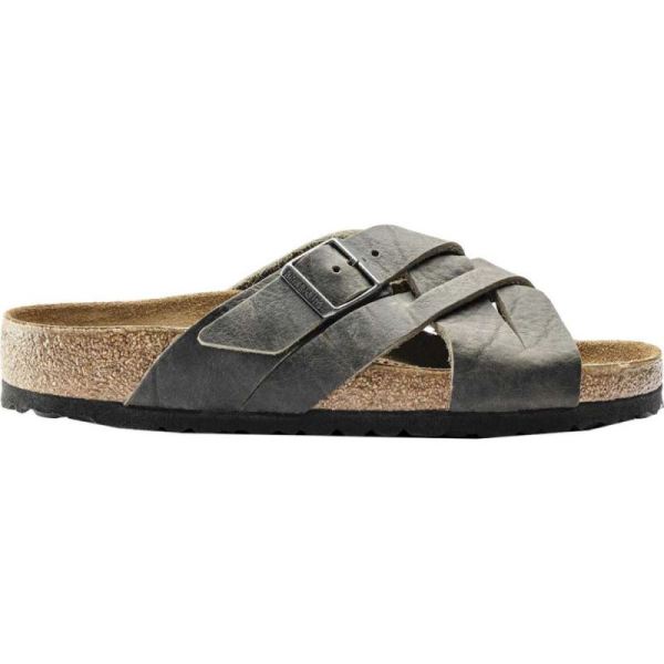 Birkenstock-Men's Lugano Oiled Leather Slide Khaki Oiled Nubuck Leather