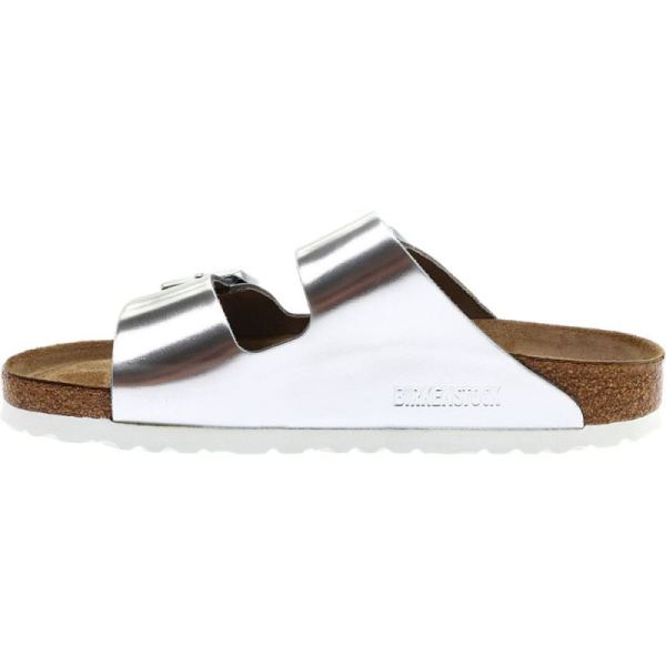 Birkenstock-Women's Arizona Soft Footbed Leather Slide Metallic Silver Leather