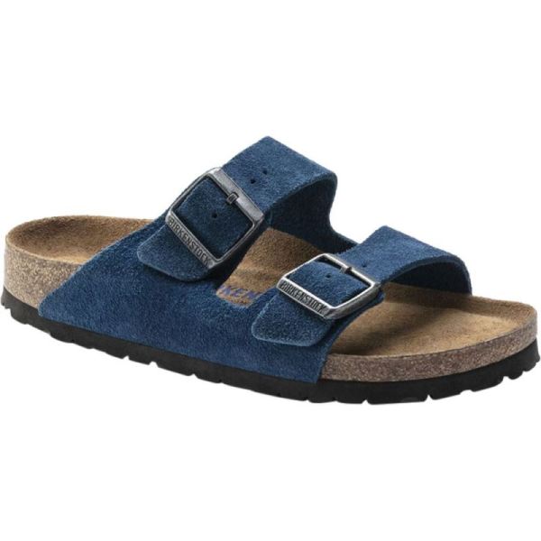 Birkenstock-Women's Arizona Suede Soft Footbed Two Strap Slide Moroccan Blue Suede