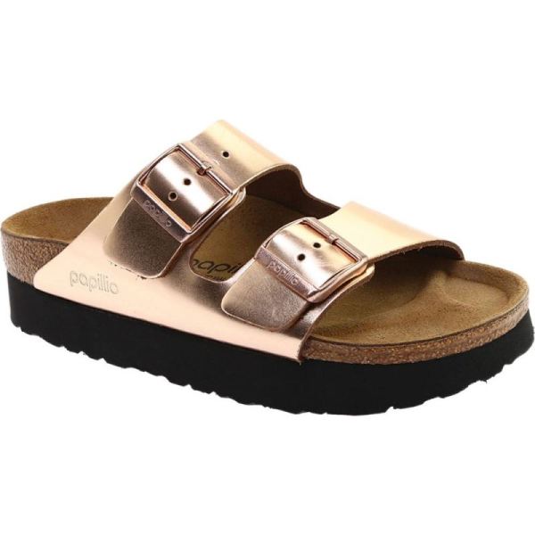 Birkenstock-Women's Papillio Arizona Platform Slide Metallic Copper Leather