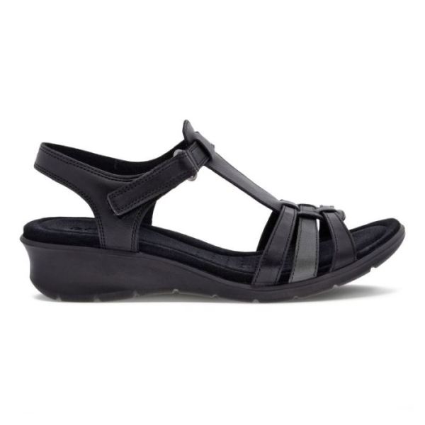 ECCO SHOES -FINOLA WOMEN'S T-BAR STRAP SANDALS-BLACK/DARK SHADOW METALLIC