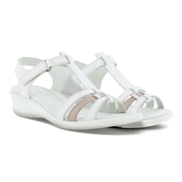 ECCO SHOES -FINOLA WOMEN'S T-BAR STRAP SANDALS-WHITE/METALLIC GREY ROSE