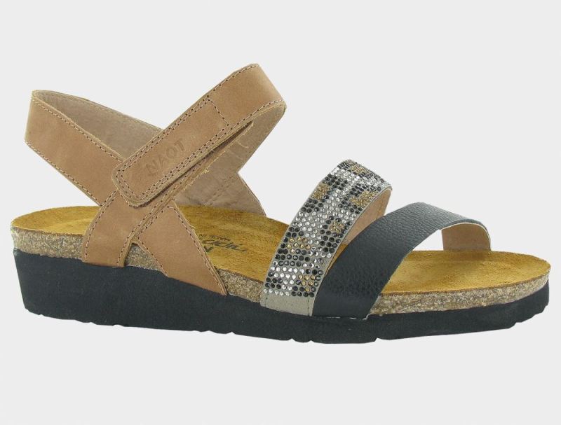 Naot | Krista-Latte Brown Lthr / Soft Black Lthr w / Brown / Cheetah Rivets