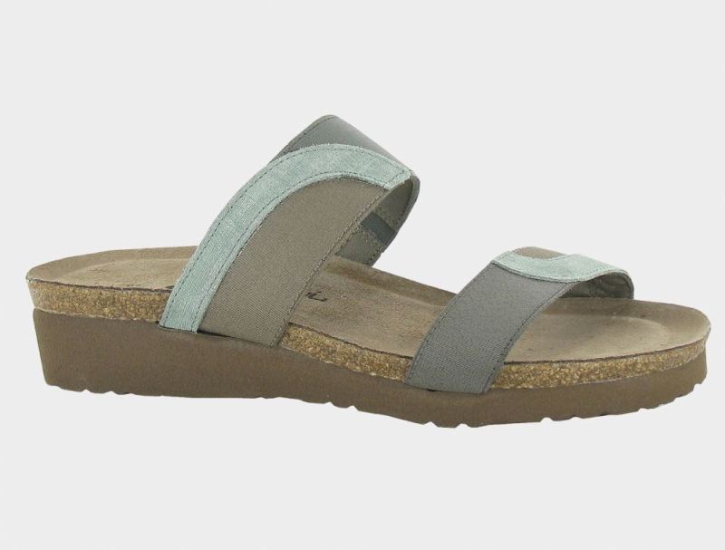 Naot | Frankie-Teal Linen Lthr / Gray Elastic / Khaki Patina Elastic
