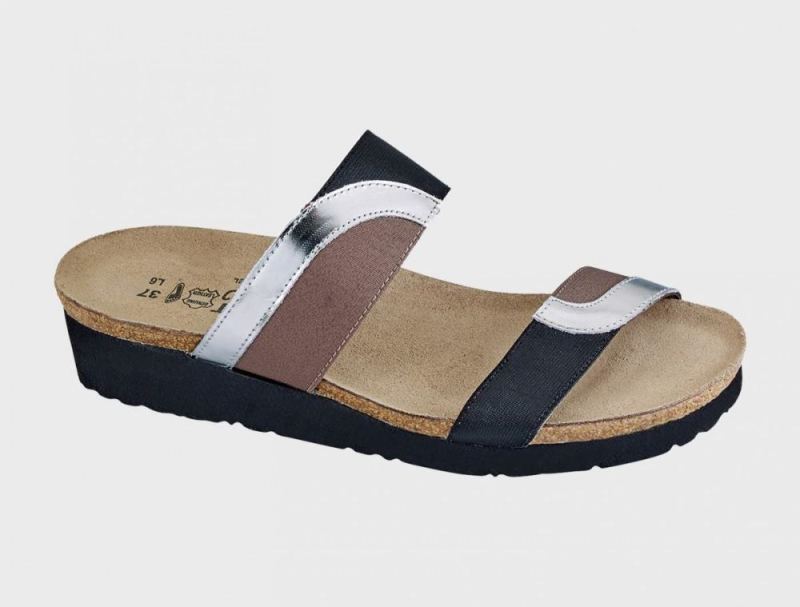 Naot | Frankie-Silver Mirror / Gloss Black Stretch / Khaki Patina Elastic