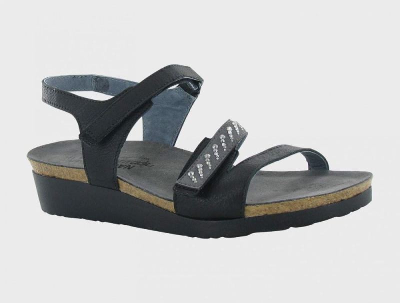 Naot | Kendall-Soft Black Lthr / Dark Gray Micro w / Black Stones / Black Madras Lthr