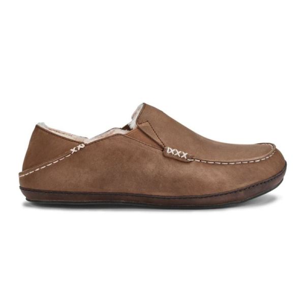 Olukai Men's Moloa Leather Slippers - Toffee / Dark Wood