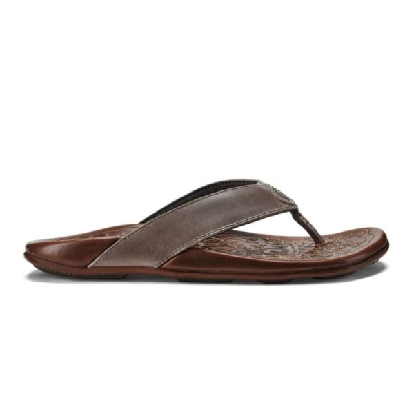 Olukai Men's Mekila Leather Beach Sandals - Charcoal / Toffee