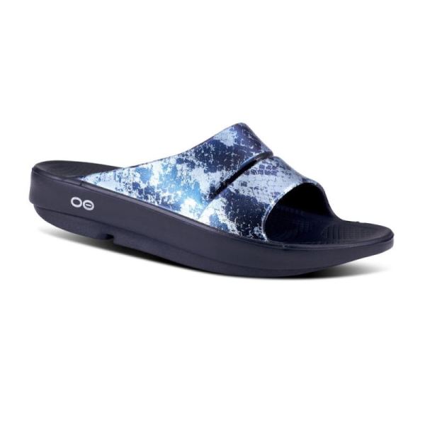 Oofos Women's OOahh Luxe Slide Sandal - Metallic Blue Snake