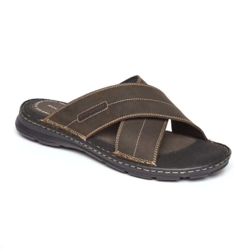 ROCKPORT - DARWYN CROSS BAND SLIDE SANDAL-BROWN II LEATHER