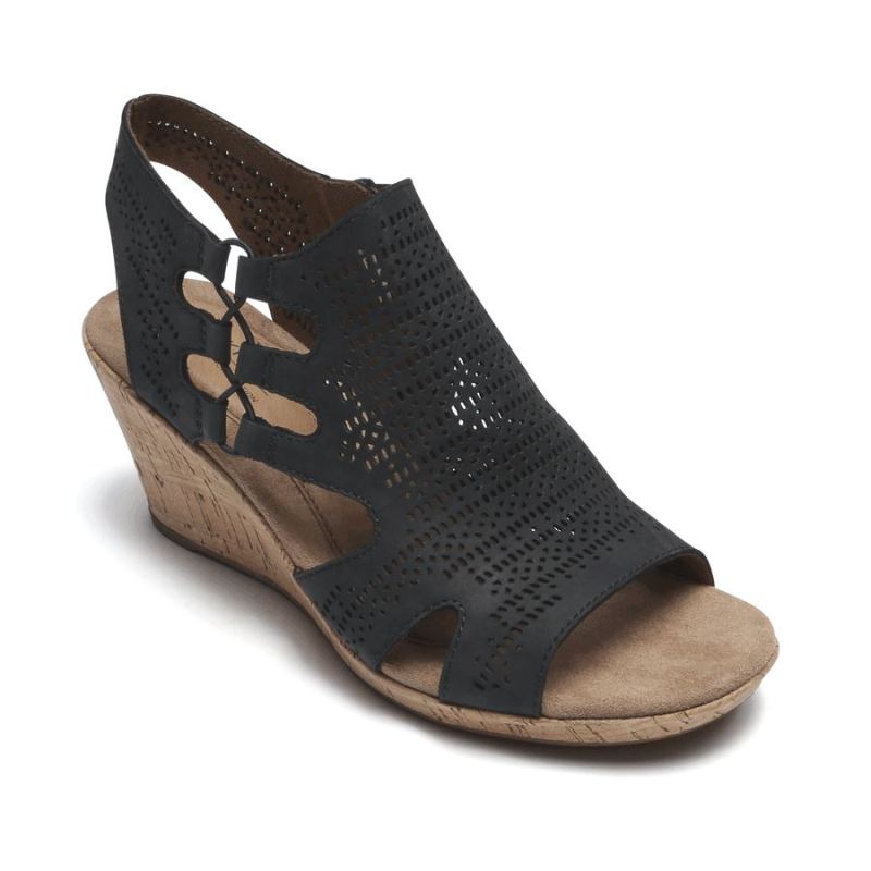 ROCKPORT - WOMEN'S COBB HILL JANNA WEDGE SANDAL-BLACK NUBUCK