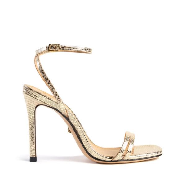 Schutz | Women's Altina Sandal in Lizard Effect Metallic Leather -Platina Gold