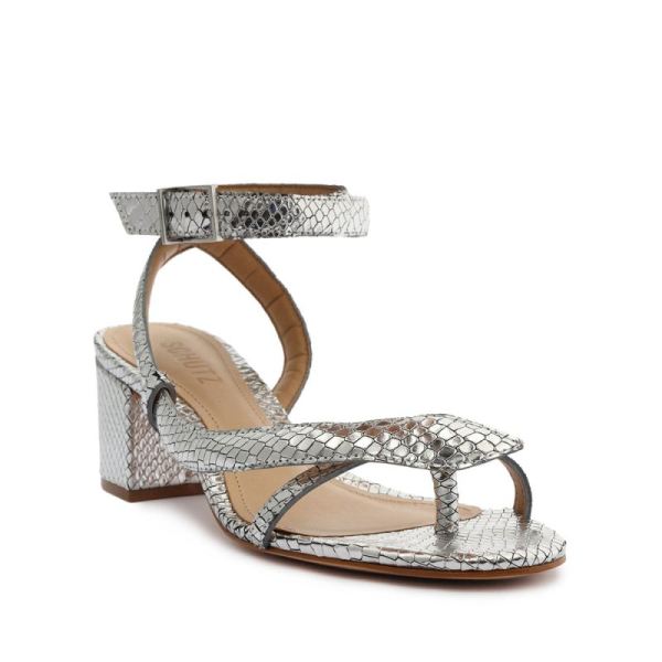 Schutz | Women's Courtney Mid Block Metallic Leather Sandal-Silver