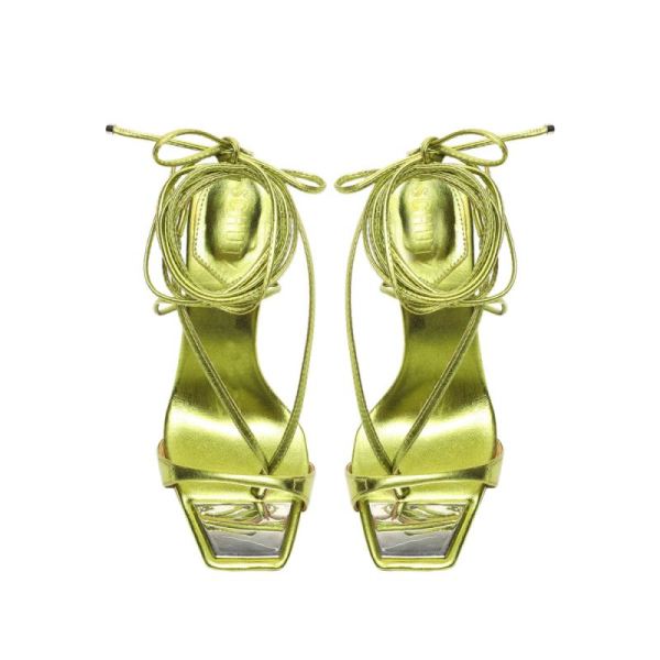 Schutz | Women's Vikki Metallic Leather Sandal-Green Yellow