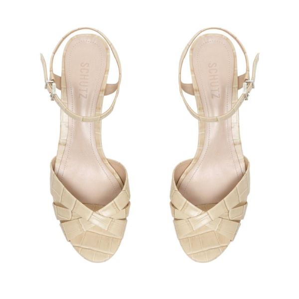 Schutz | Women's Keefa Crocodile Embossed Leather Sandal-Almond Buff