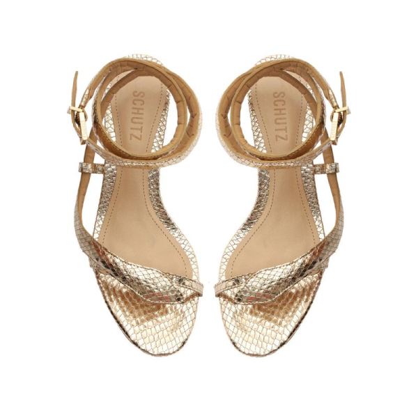 Schutz | Women's Courtney Mid Block Metallic Leather Sandal-Gold